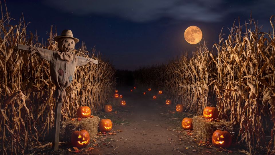 A scarecrow in a moonlit corn maze