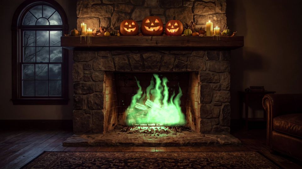 Green witch-fire in the fireplace